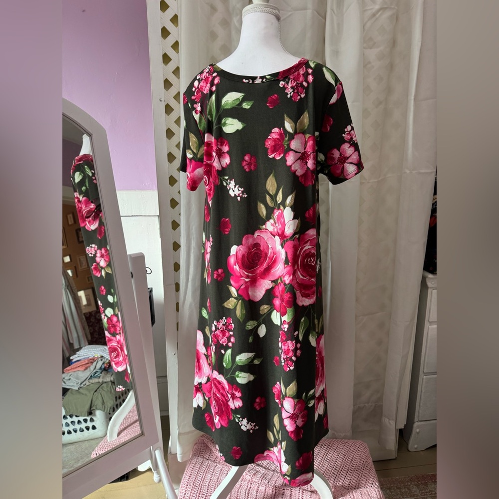 LuLaRoe Hunter Green Midi Dress with Bright Pink Floral Print